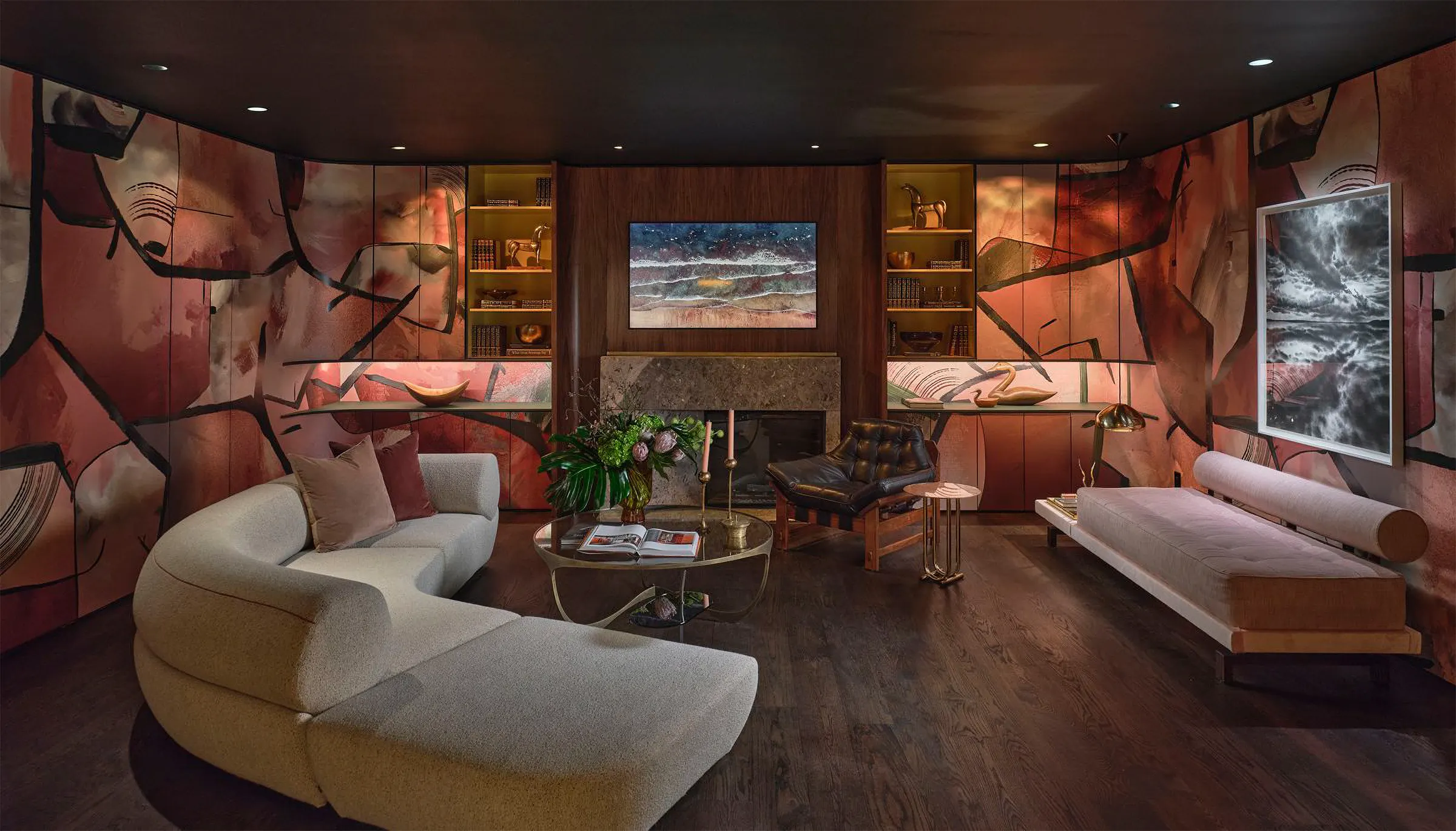 Lounge with layered accent lighting and custom millwork in a Dallas-Fort Worth home